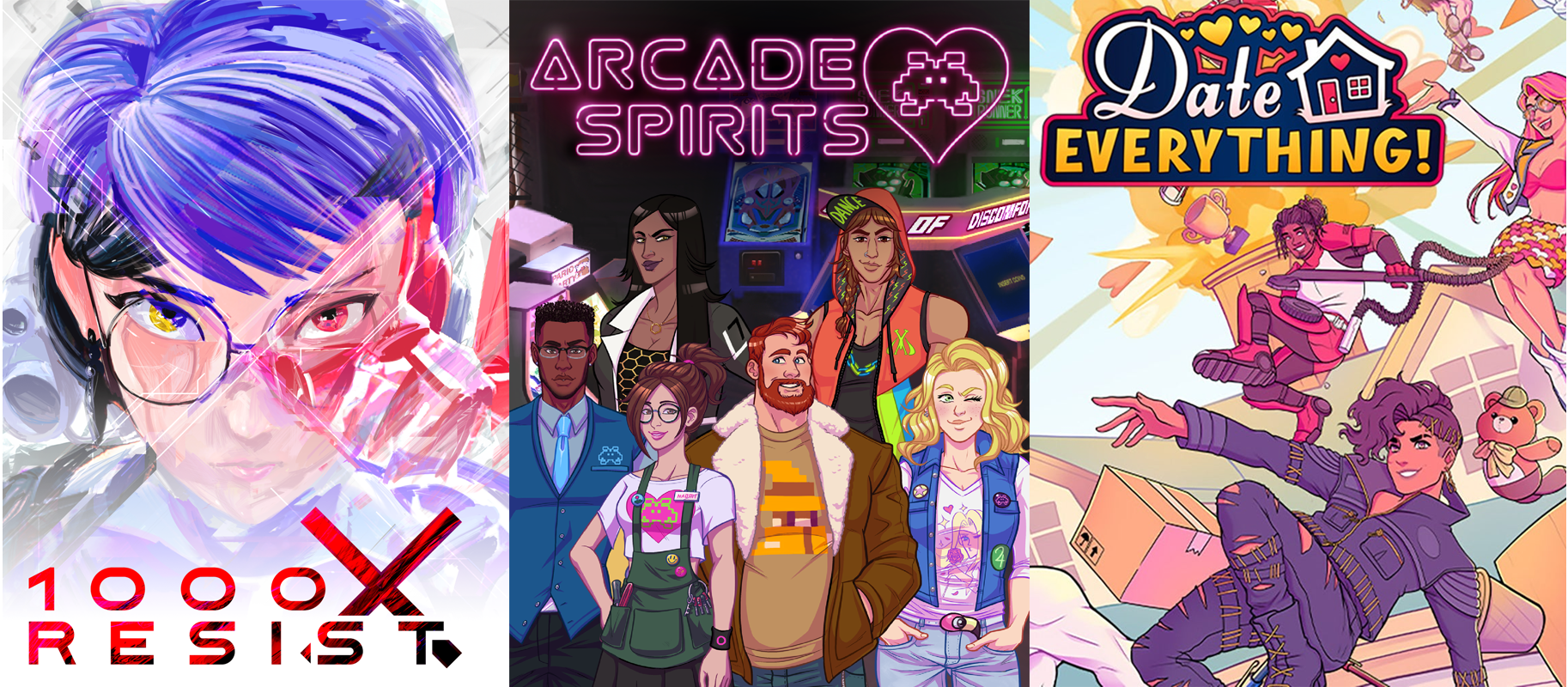 Images of games 1000xResist, Arcade Spirits and Date Everything left to right.