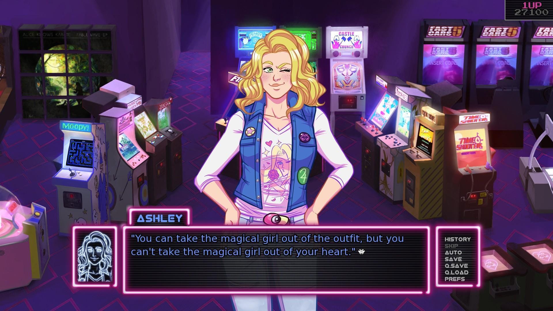 A screenshot of Arcade Spirits featuring a character and a text box reading - Ashley: You can take the magical girl out of the outfit, but you can't take the magical girl out of your heart.