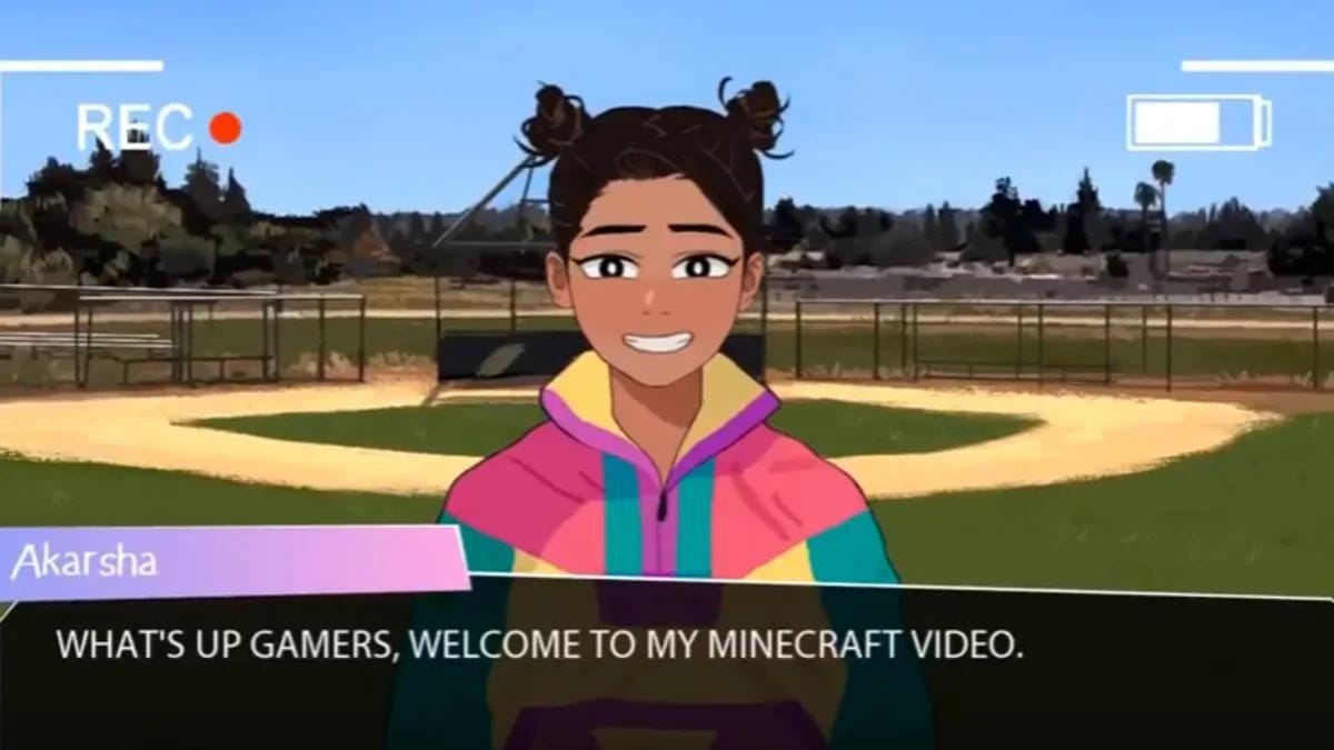 A screenshot of Butterfly Soup, featuring a character with a text box reading - Akarsha: WHAT'S UP GAMERS, WELCOME TO MY MINECRAFT VIDEO