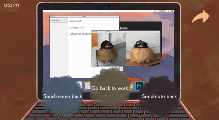A screenshot of Missed Messages, featuring a computer screen displaying a meme mage, with the options to Send Meme back, Go back to work, or Send note back