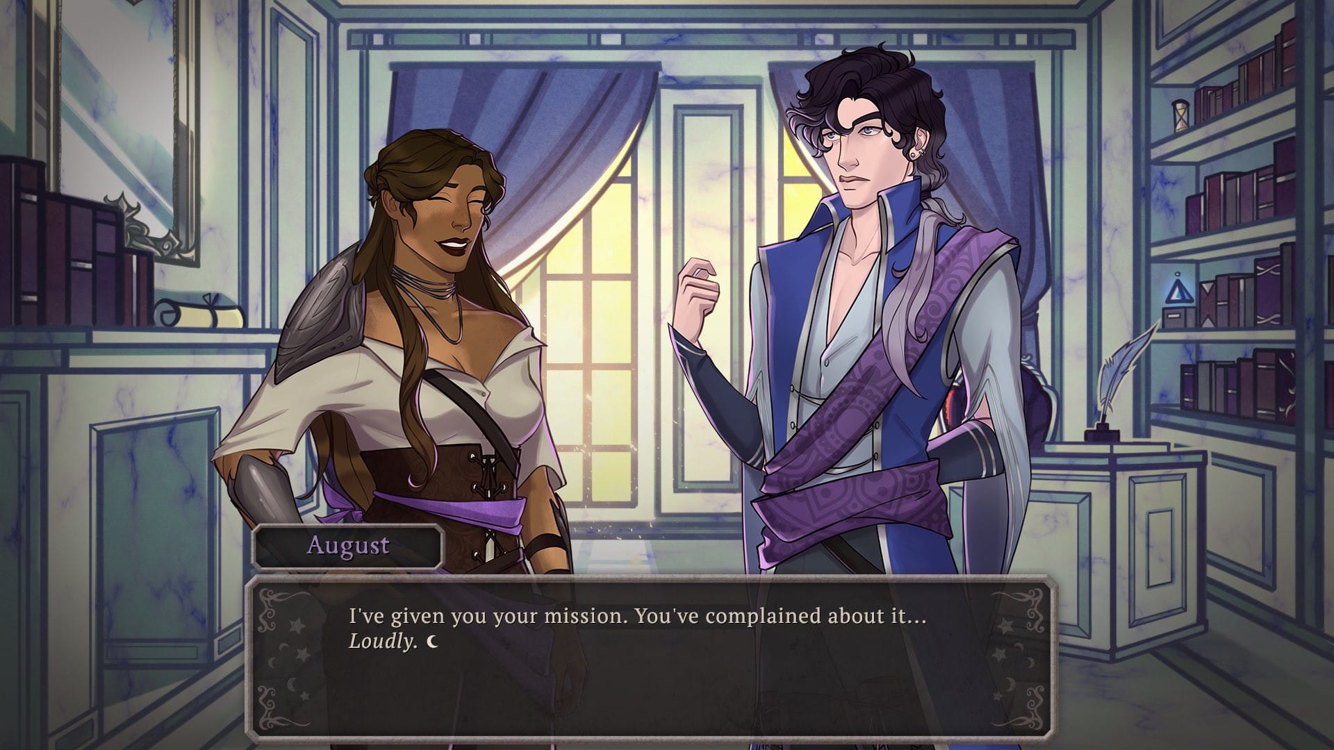 A screenshot of When the Night Comes, featuring two characters and a text box that reads - August: I've given you your mission. You've complained about it....loudly.